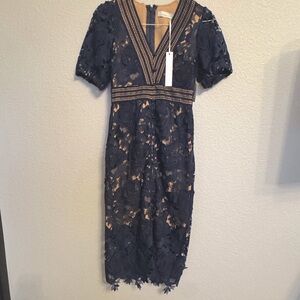 NWT Adelyn Rae Navy Blue Adrian Crochet Floral Midi Dress XS
